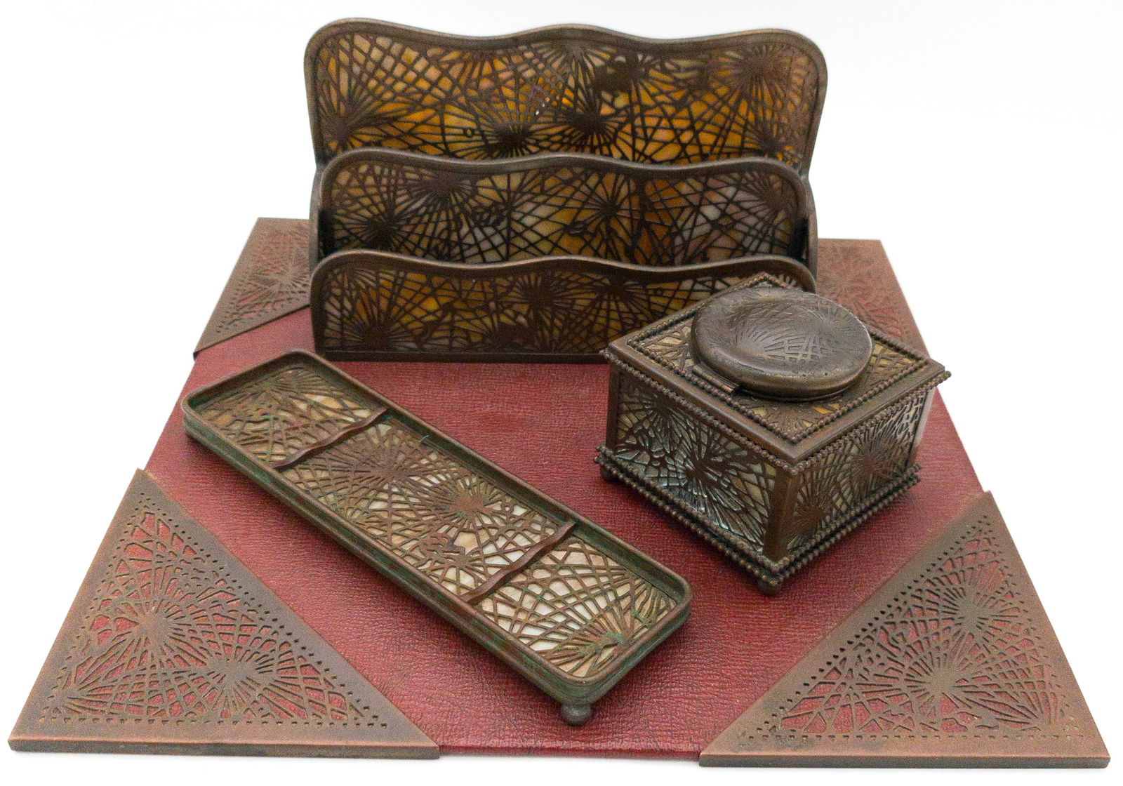 4pc Tiffany Studios NY Bronze Pine Needle Desk Set (1 of 12)