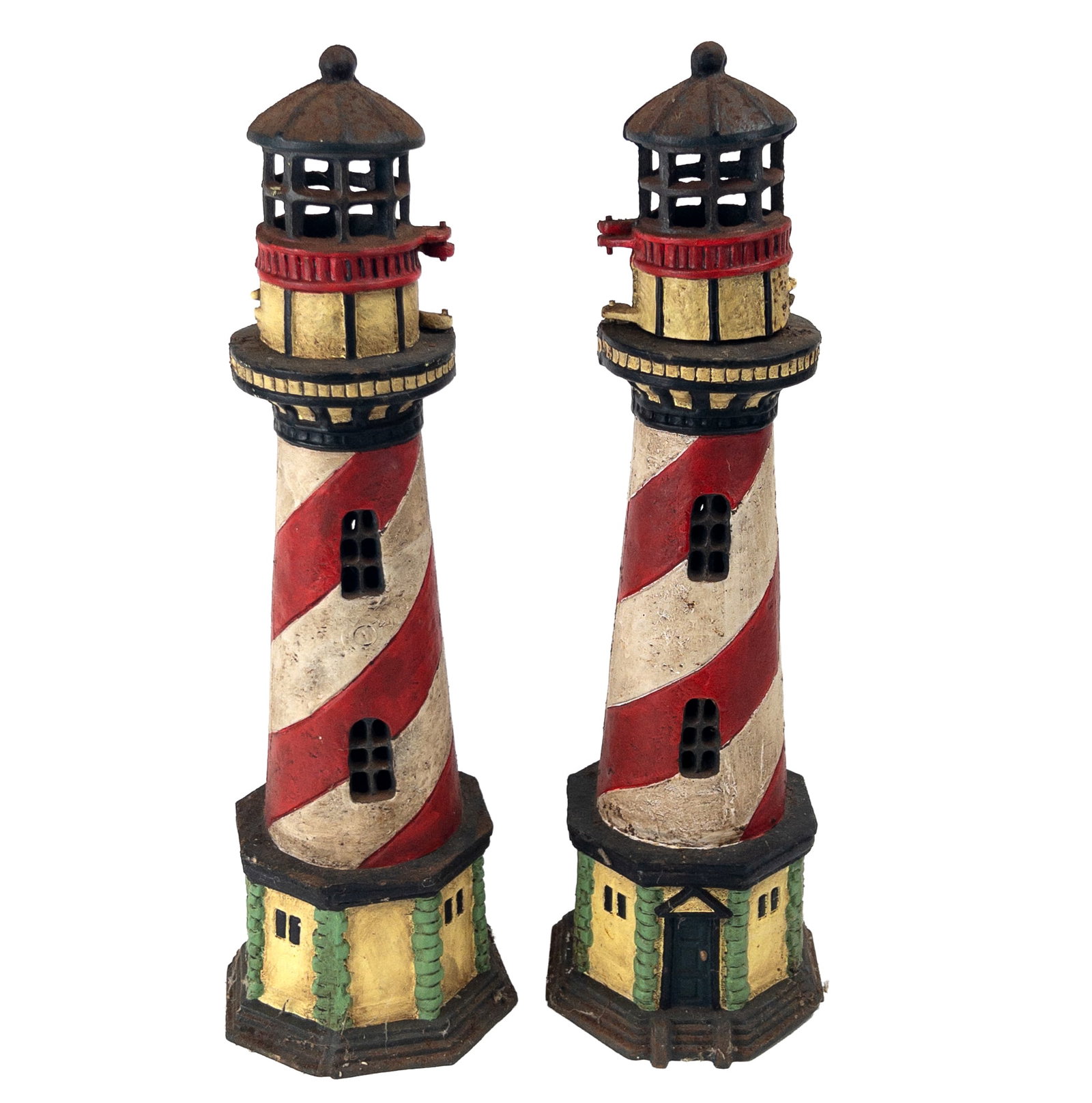 Pair of Vintage Painted Cast Iron Lighthouse: Pair of Vintage Painted Cast Iron Lighthouse. Slight wear from age and use. Measure appx 17" tall.