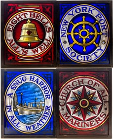Set of 4 Framed Stained Glass Marine Nautical Signs