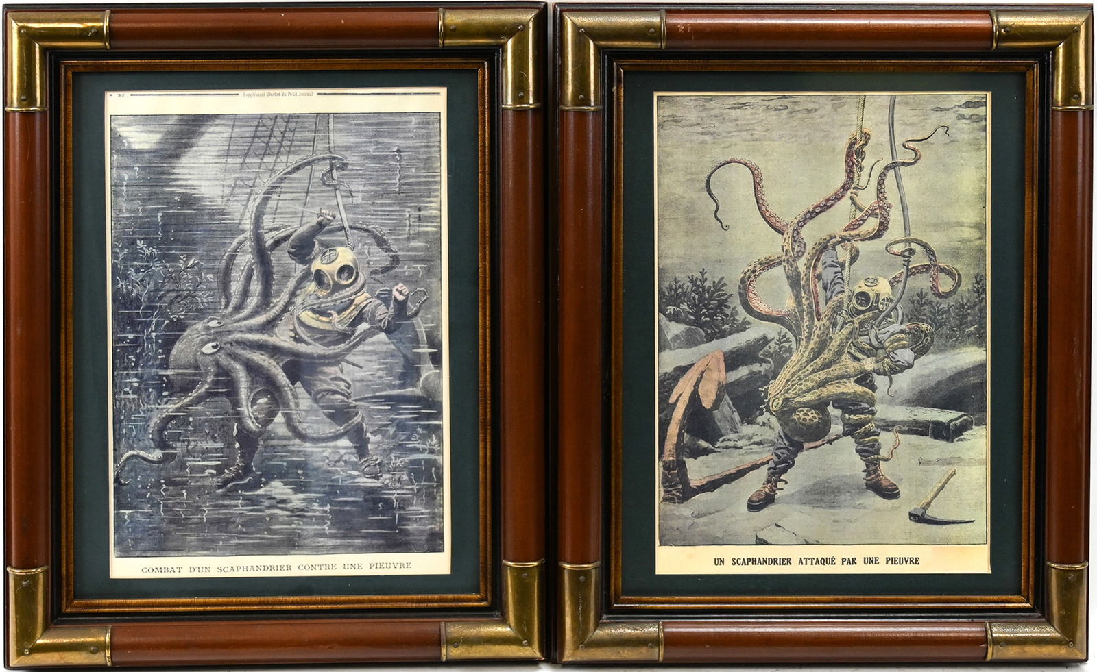 Pair of French Diver & Octopus Framed Prints (1 of 5)