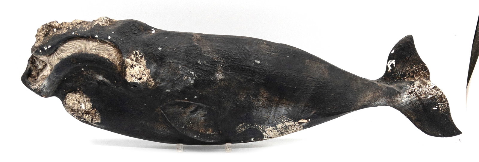 1995 Wick Ahrens Carved Wood "Bowhead Whale": 1995 Wick Ahrens (American, 1944-2016), Carved Wood "Bowhead Whale". Signed on back of tail "Wick Ahrens, '95". Carved and painted. Wear to paint as shown. Measures appx 33 1/2" long x 9" across body.
