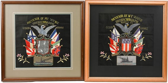 Pair of Silk Embroidered Sailor's Souvenir of My Voyage