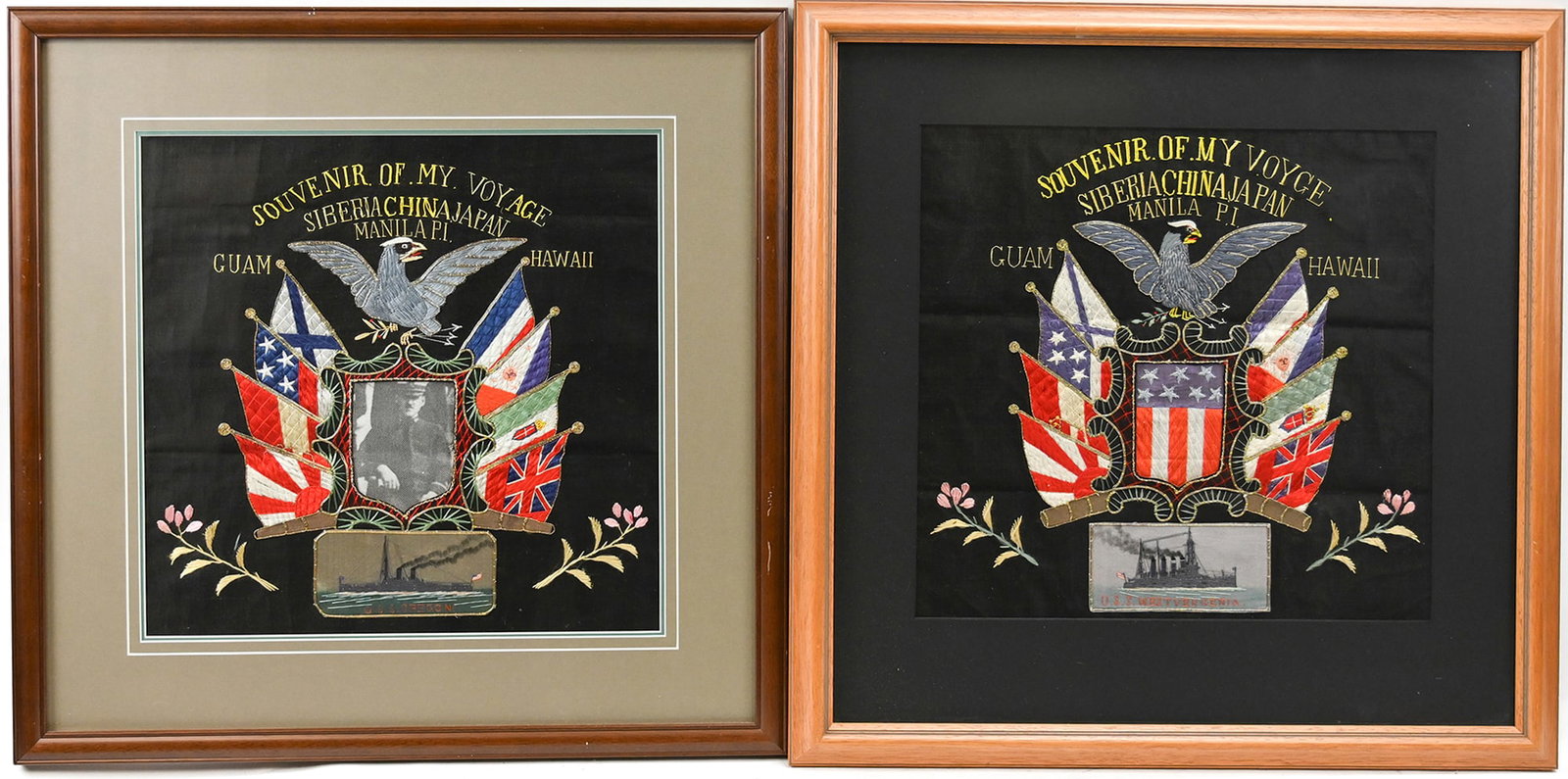 Pair of Silk Embroidered Sailor's Souvenir of My Voyage: Pair of Silk Embroidered Sailor's Souvenir of My Voyage. "Souvenir Of My Voyage Siberia, China, Japan, Manila P.I., Guam, Hawaii". With eagle and flags over embroidered ships. One with black and white