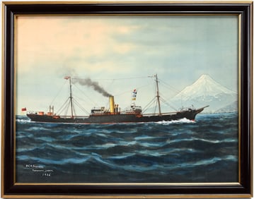 1926 H. Shimidzu Ship Painting Yohohama Harbor Mt. Fuji