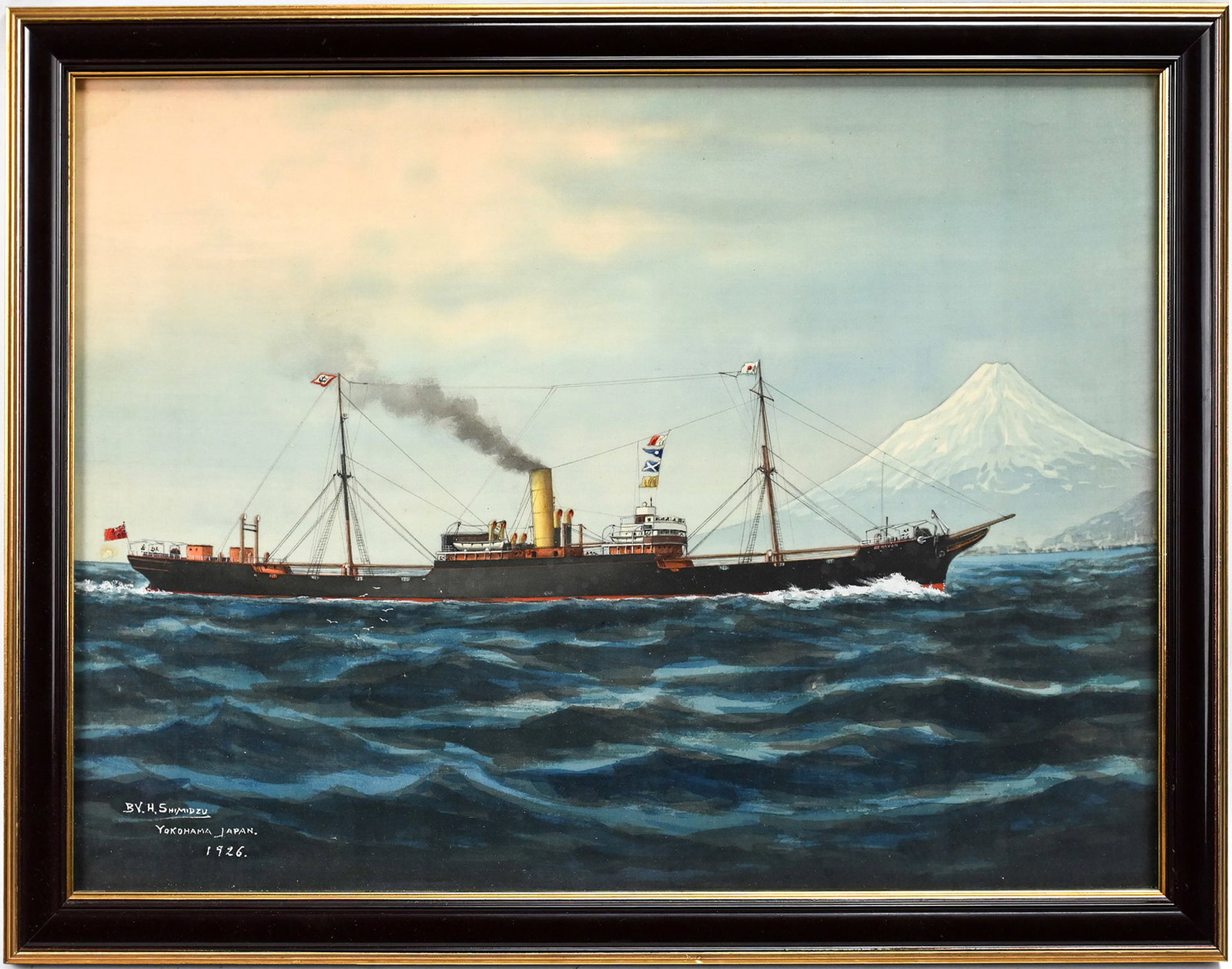 1926 H. Shimidzu Ship Painting Yohohama Harbor Mt. Fuji: H. Shimidzu ship painting of a British ship "NE Navon", Yokohama Harbor with Mt. Fuji in the background, 1926, oil on silk. Signed and dated lower left. Measures appx 11 3/4" x 16" image alone, 13 3/4