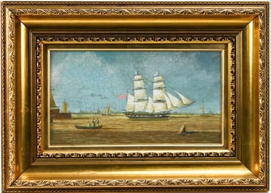 English School British Schooner in Japanese Harbor Oil On Panel