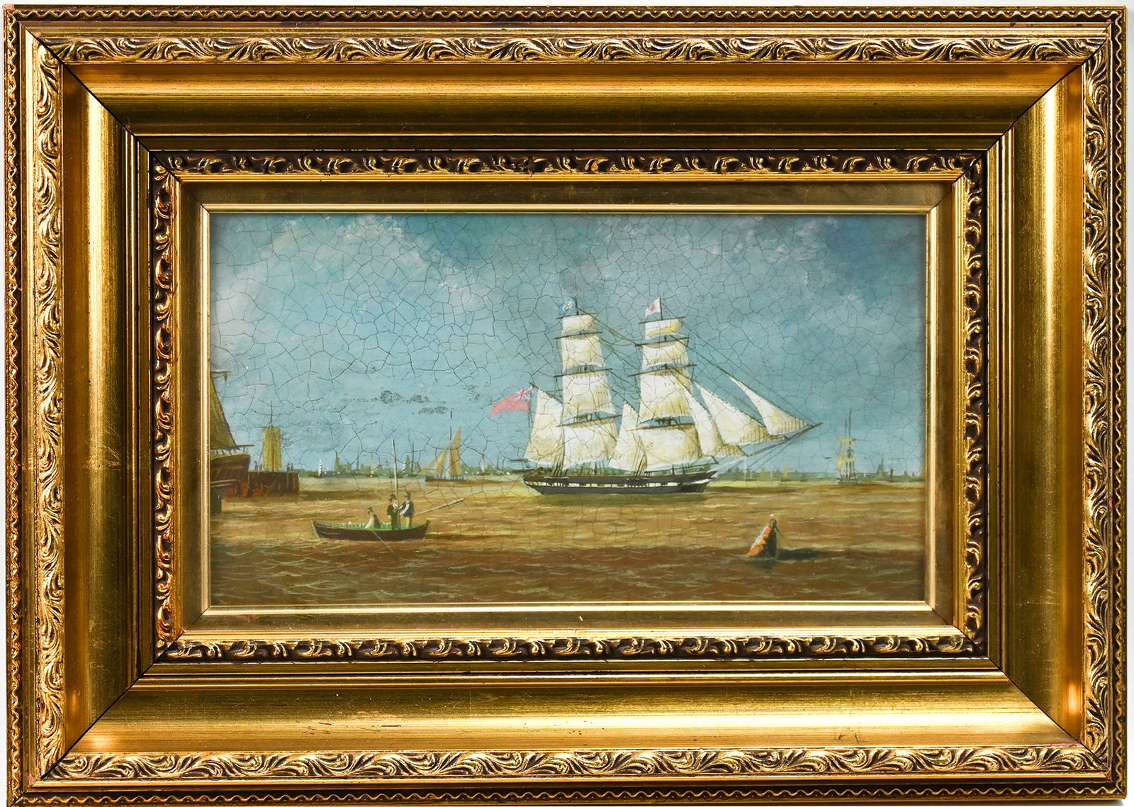 English School British Schooner in Japanese Harbor Oil On Panel: English School British Schooner in Japanese Harbor Oil On Panel. Under glass. Unsigned. Measures appx 7 1/2" x 13" and 12 3/4" x 18" framed. In good original condition.
