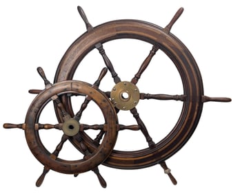 Pair of Wood Ship's Wheels with Wood Inlay and Brass