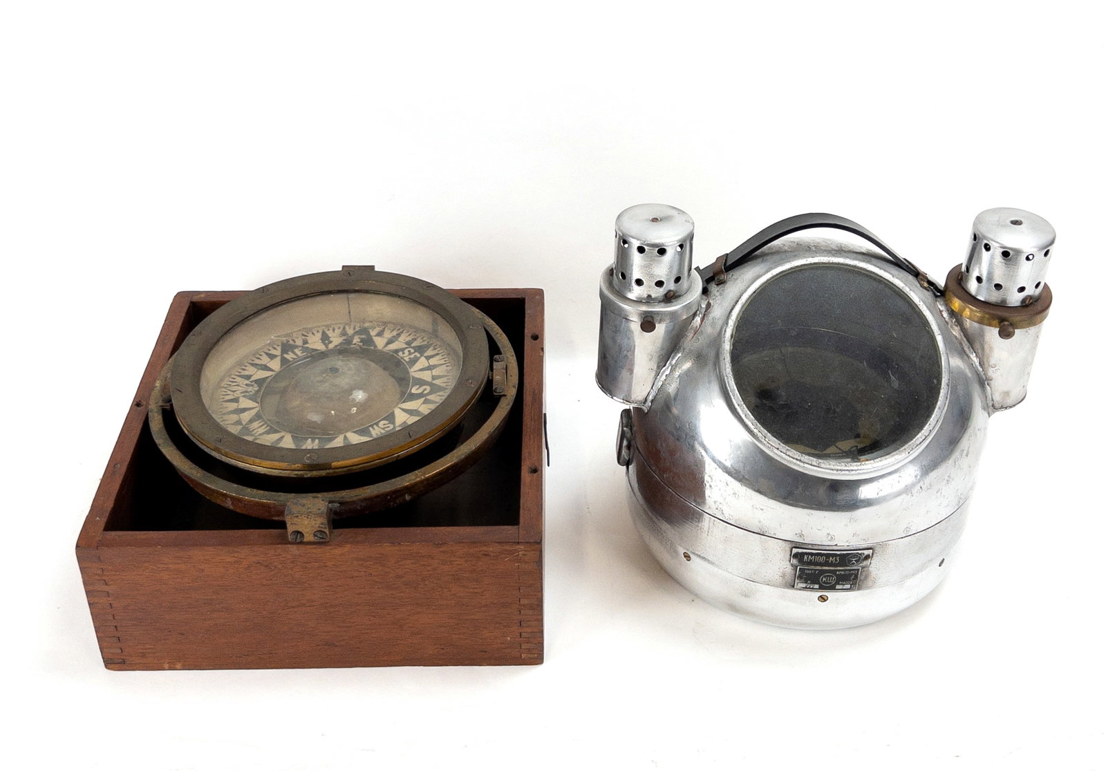 Pair of Two Compasses, USSR and John Bliss & Company: Pair of Two Compasses, USSR and Gimballed Box Compass by John Bliss & Company. Boxed compass (lacking top of box) measures 11 1/4" square x 5 3/4" tall.