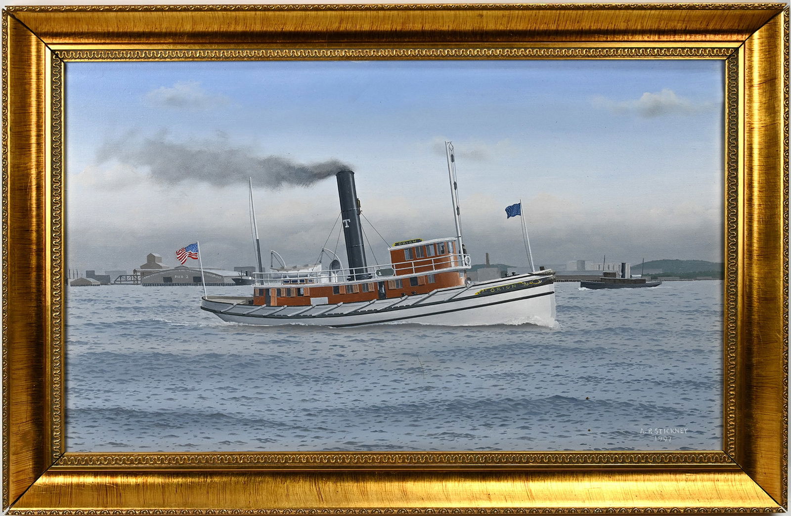 American Steam Yacht "Orion" A.P. Stickney Oil on Canvas: American Steam Yacht "Orion" A.P. Stickney Oil on Canvas. Leaving Pier 2 New York Harbor. Signed lower right and dated 1997. Two Christie's tags verso. Measures appx 16" x 26" image, and 20" x 30" fra