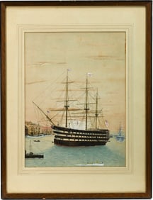 H.M.S. "Victory" at Anchor in Portsmouth Naval Yard Watercolor
