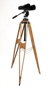 Orion Binoculars on Vintage Wood and Brass Tripod Stand