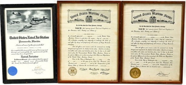 Three WWII Certificates: Naval Air Station, US Maritime Service