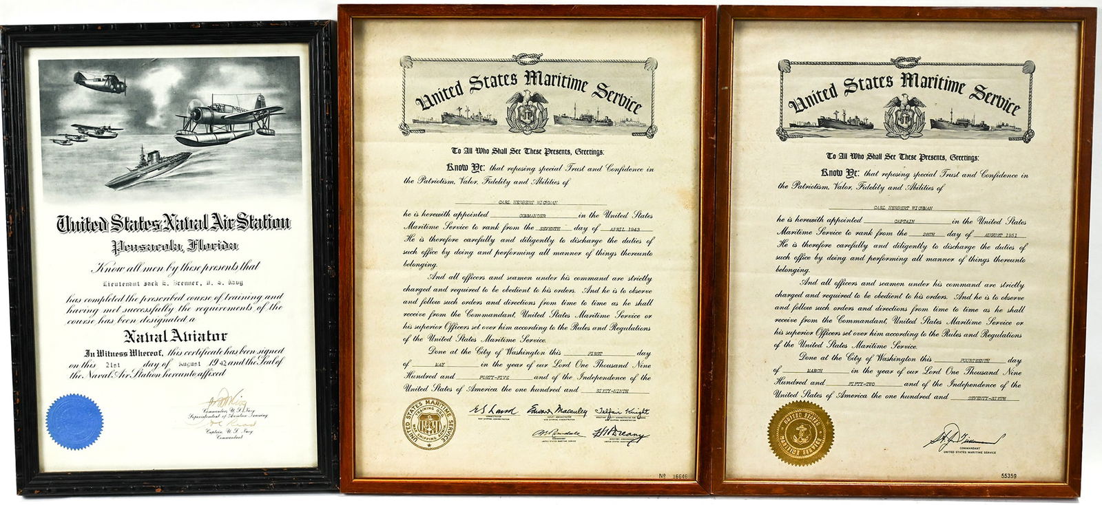 Three WWII Certificates: Naval Air Station, US Maritime Service (1 of 4)