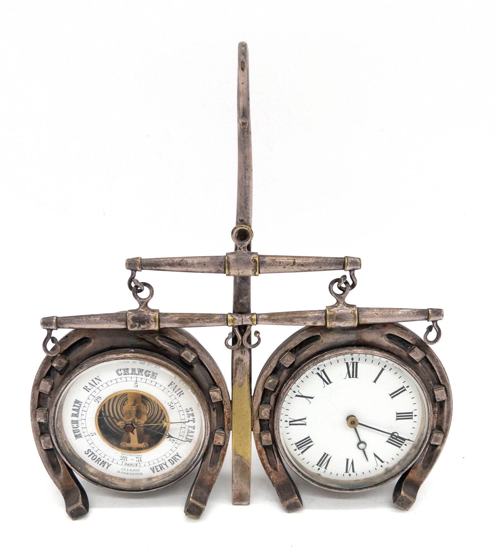 Horseshoe Motif Paris France Aneroid Barometer Clock Desk Set (1 of 4)