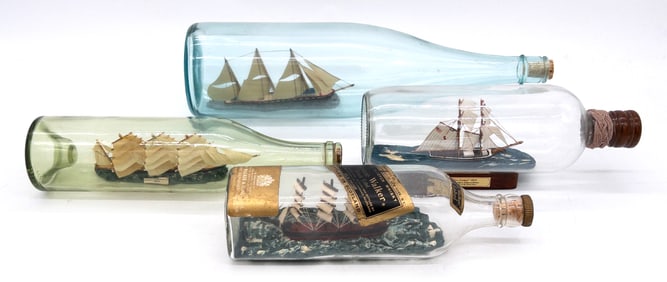 Lot of Four Ships In Glass Bottles, Larger Size