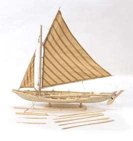 Carved Bone Ship Model of Whale Boat With Oars