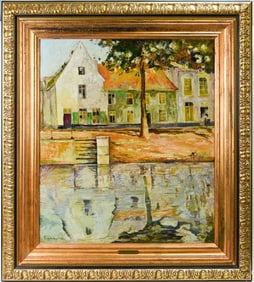 Alphonse De Cuyper Signed Oil On Canvas, "Canal Town Scene"