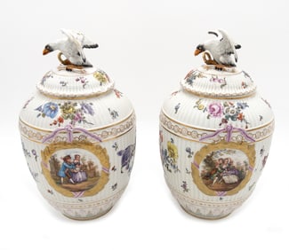 Pair of 19th C. Lidded KPM Porcelain Urns with Eagle Tops