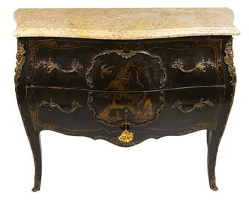 French Marble Top Chinoiserie & Ormolu Two Drawer Commode