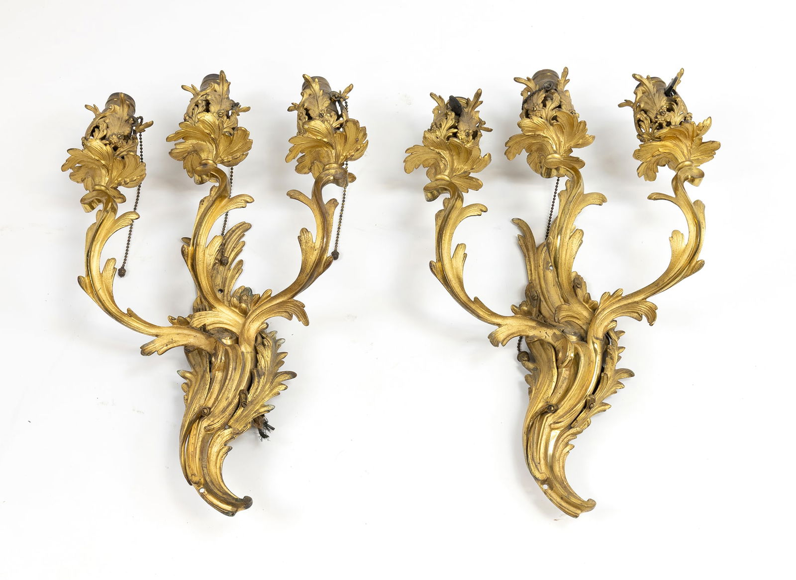 Pair of 3 Light French Gilt Bronze Ormolu Electrified Sconces (1 of 2)