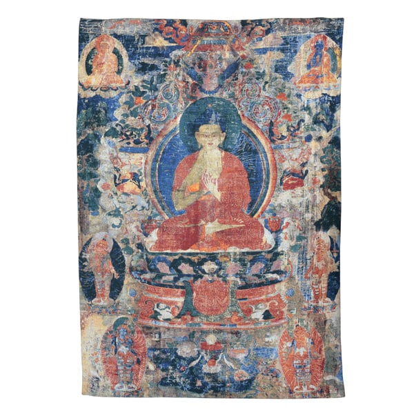 Tibetan Buddha Hanging Thangka: Tibetan Buddha thangka, "Thangka I", hanging tapestry of a seated buddha encircled with smaller buddha figures and flowers, label verso "Thangka I Tapestry No.13 of 36 Donald & Era Farnsworth The Magn
