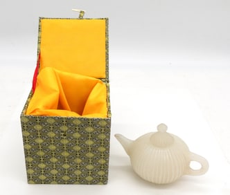 Chinese Carved Fluted White Jade Covered Teapot
