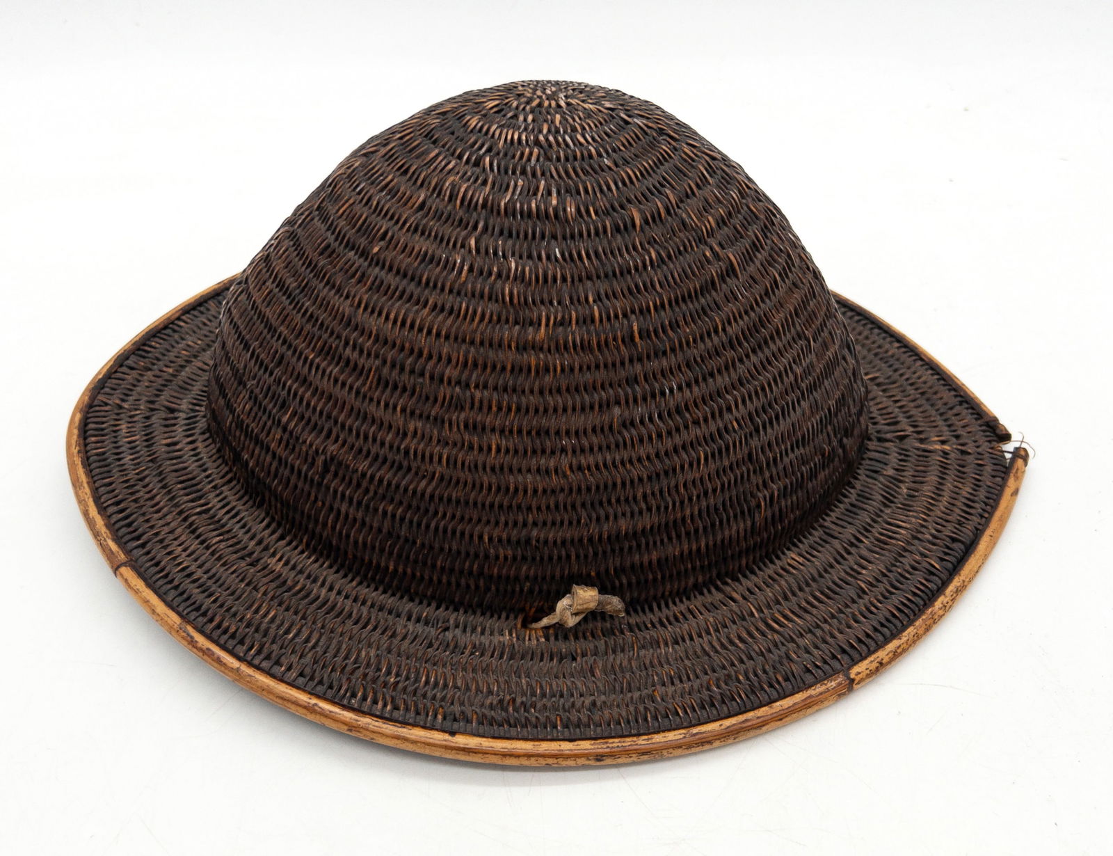 Antique Chinese Tribal Woven Rattan Bamboo Hat: Antique Chinese Tribal Woven Rattan Bamboo Hat. Measures appx 5 3/4" tall x 13" deep x 10 1/4" wide.