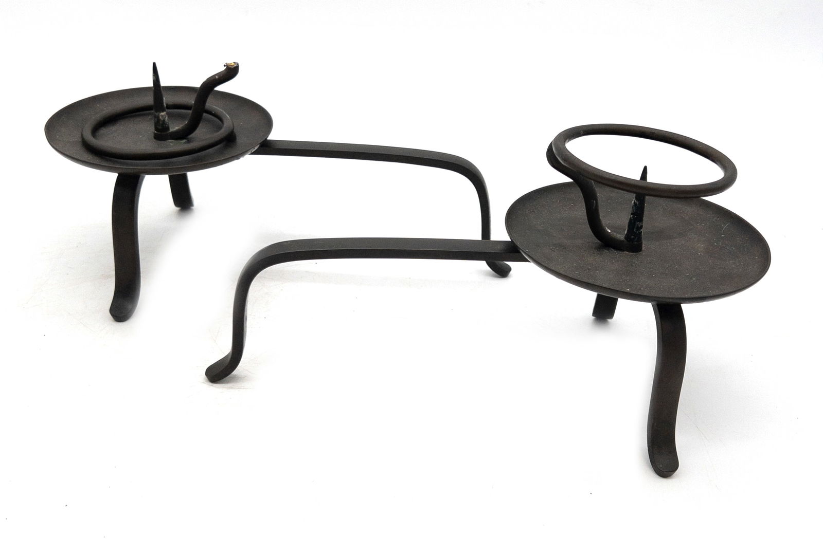 19th C. Japanese Bronze Metal Candlesticks: 19th C. Japanese Bronze Metal Candlesticks. Measure appx 10" deep x 5 1/2" wide x 5" tall. One with lose candle holder as shown.