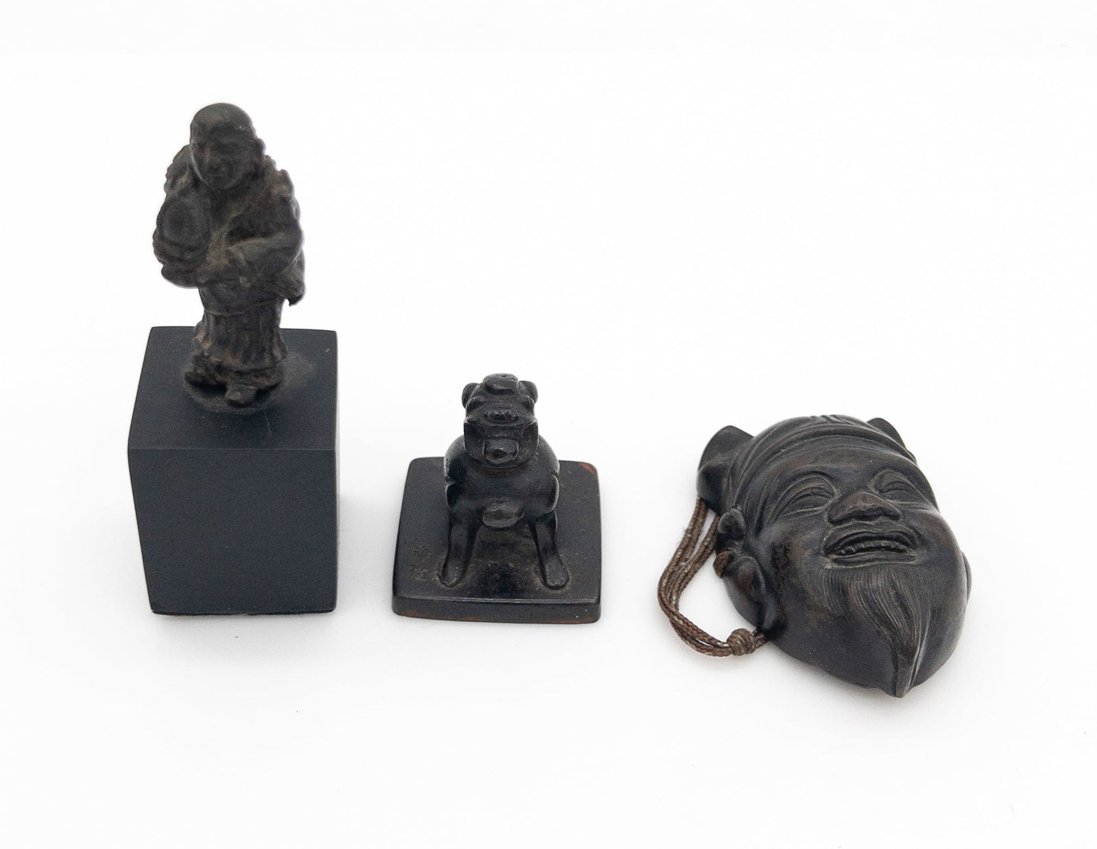 Lot of 3 Japanese Bronze Objects: Monk, Seal, Deity Bust (1 of 5)