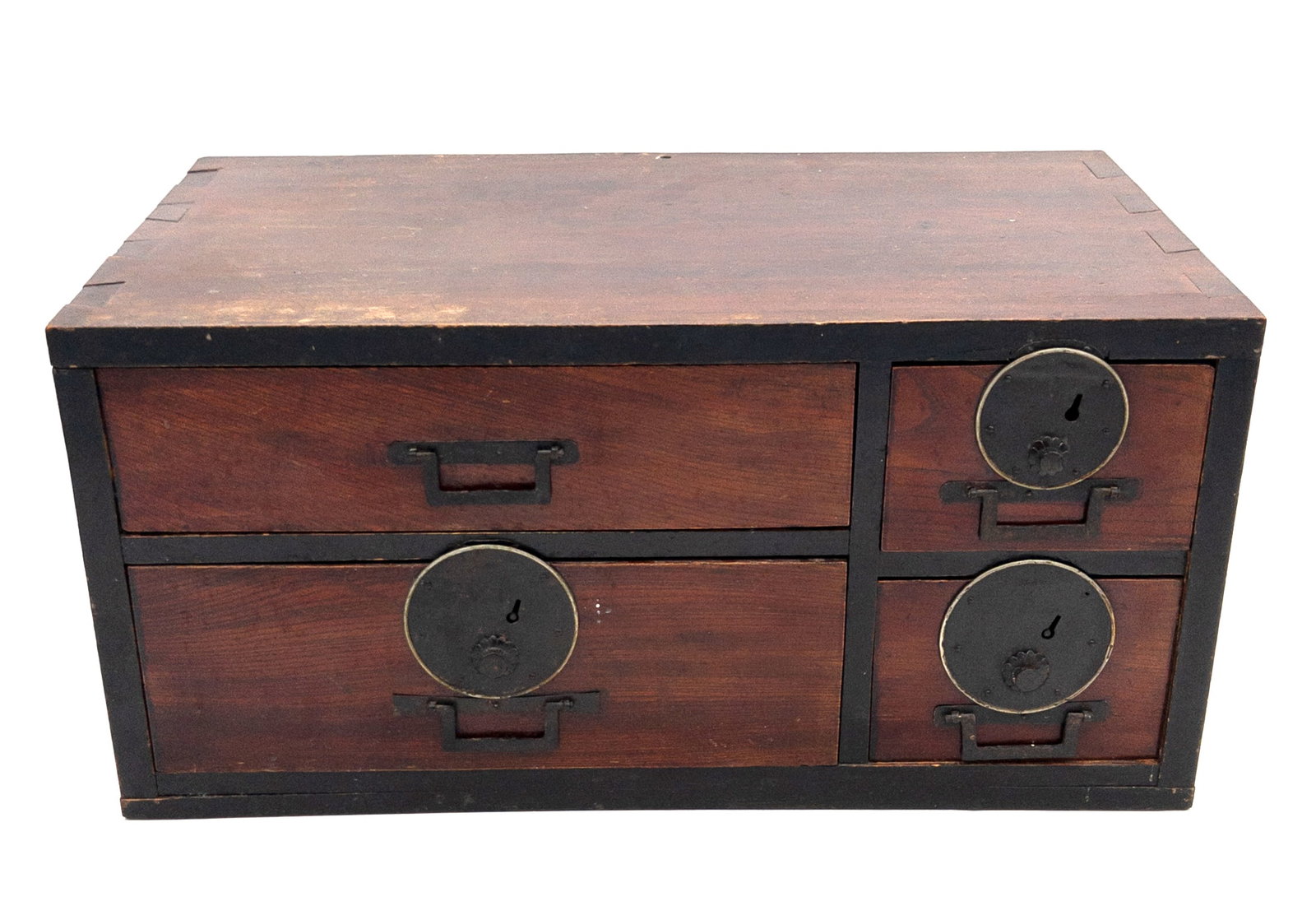19th C. Japanese Ship's Chest: 19th C. Japanese Ship's Chest. With four drawers, dovetailed joints, and metal hardware. Measures appx 10 3/8" tall x 21 3/4"wide x 13" deep.