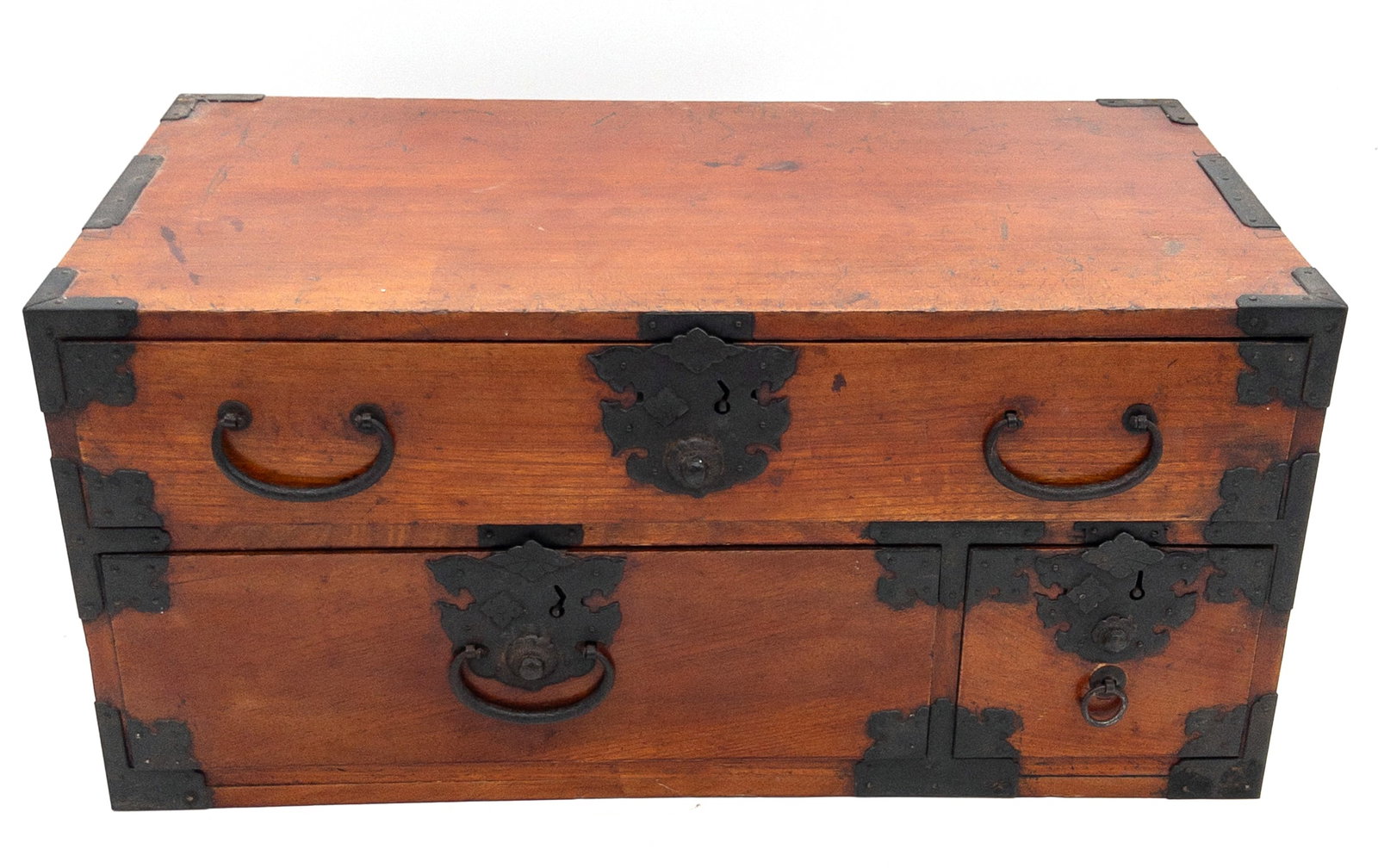 19th C. Japanese Sakata Keyaki Zelkova Wood Tansu With Iron Fittings: 19th C. Japanese Sakata Keyaki Zelkova Wood Tansu With Iron Fittings. Three drawer tansu. Ornate hardware and metal bindings throughout. Measures appx 10" tall x 21 5/8" wide x 12" deep.