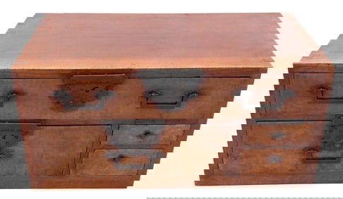 19th C. Japanese Burlwood Front 4 Drawer Miniature Tansu