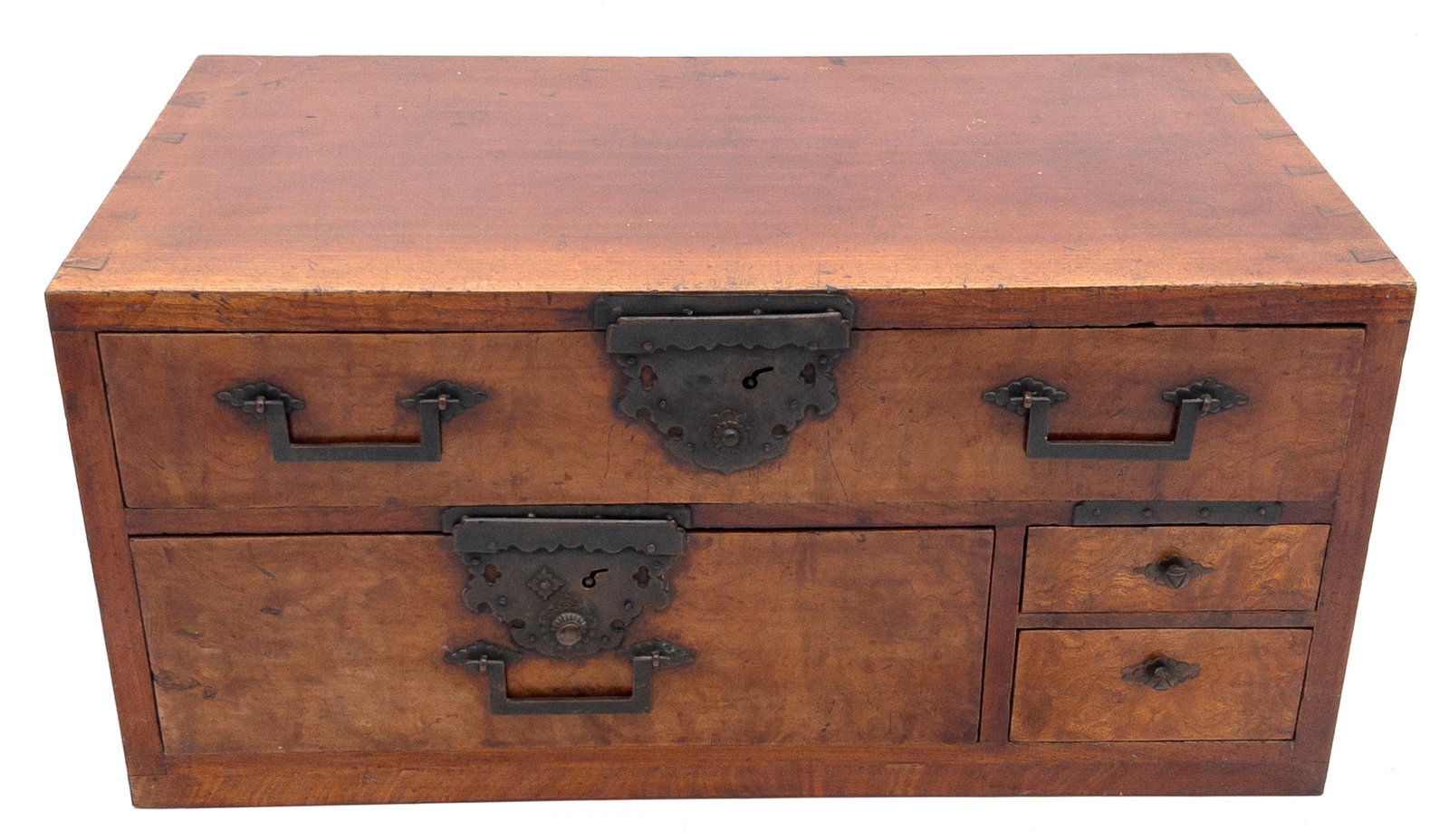19th C. Japanese Burlwood Front 4 Drawer Miniature Tansu: 19th C. Japanese Burlwood Front 4 Drawer Miniature Tansu. Four drawers with dovetailed construction and original metal fittings. In very good original condition. Measures appx 10 1/4" tall x 21 1/2" w