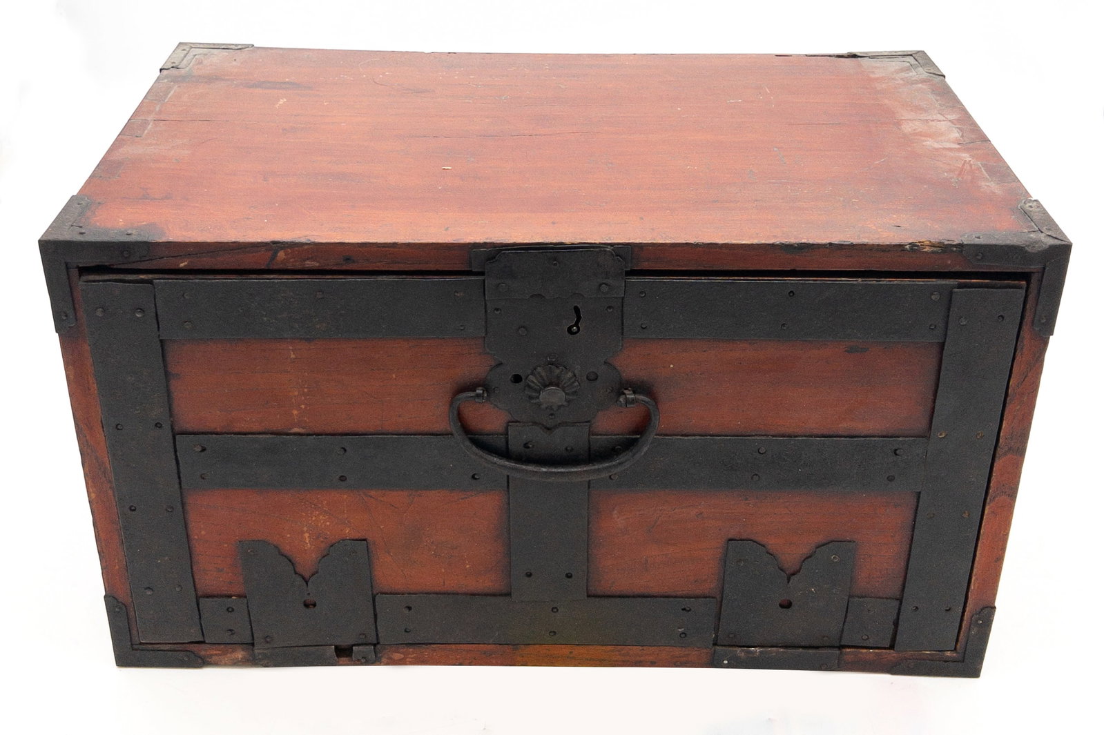 19th C. Japanese Keyaki Zelkova Wood Suzuribako Merchant's Box: 19th C. Japanese Zelkova Wood Suzuribako Merchant's Box. With iron strapping on front cover. Interior containing 3 concealed drawers. Retains original key. Needs minor repair to lower metal fittings f