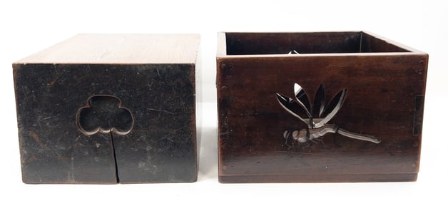 Lot of 2 Edo Period Japanese Keyaki Zelkova Wood: Brazier & Wood Step