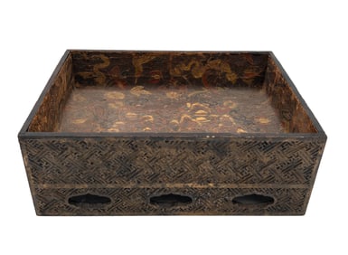 19th C. Japanese Carved Lacquer and Gold Painted Leather Sutra Tray