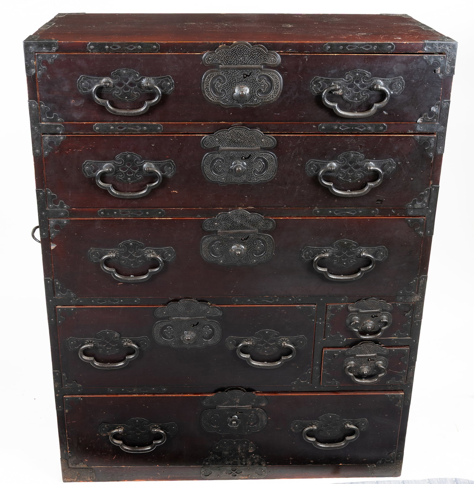 7 Drawer Japanese Tansu with Ornate Hardware: 7 Drawer Japanese Tansu with Ornate Hardware. In original finish. Measures appx 42" tall x 33" wide x 16 1/2" deep.
