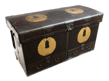19th C. Japanese Tsugaru Clan Black Lacquer Lift Top Chest Trunk
