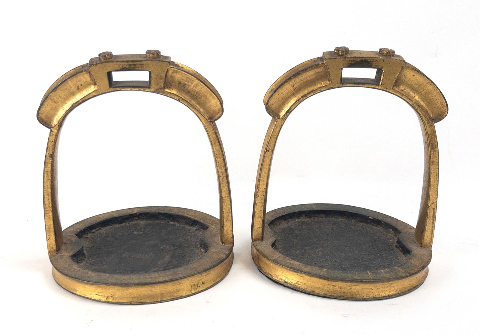 Pair of 19th C. Japanese Gilt Metal Stirrups: Pair of 19th C. Japanese Metal Stirrups. Measure appx 6 3/4" tall x 5 1/2" wide x 5" deep.