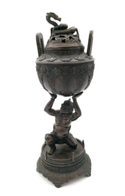 19th C. Japanese Bronze Censer Demon Oni Holding Top Burner