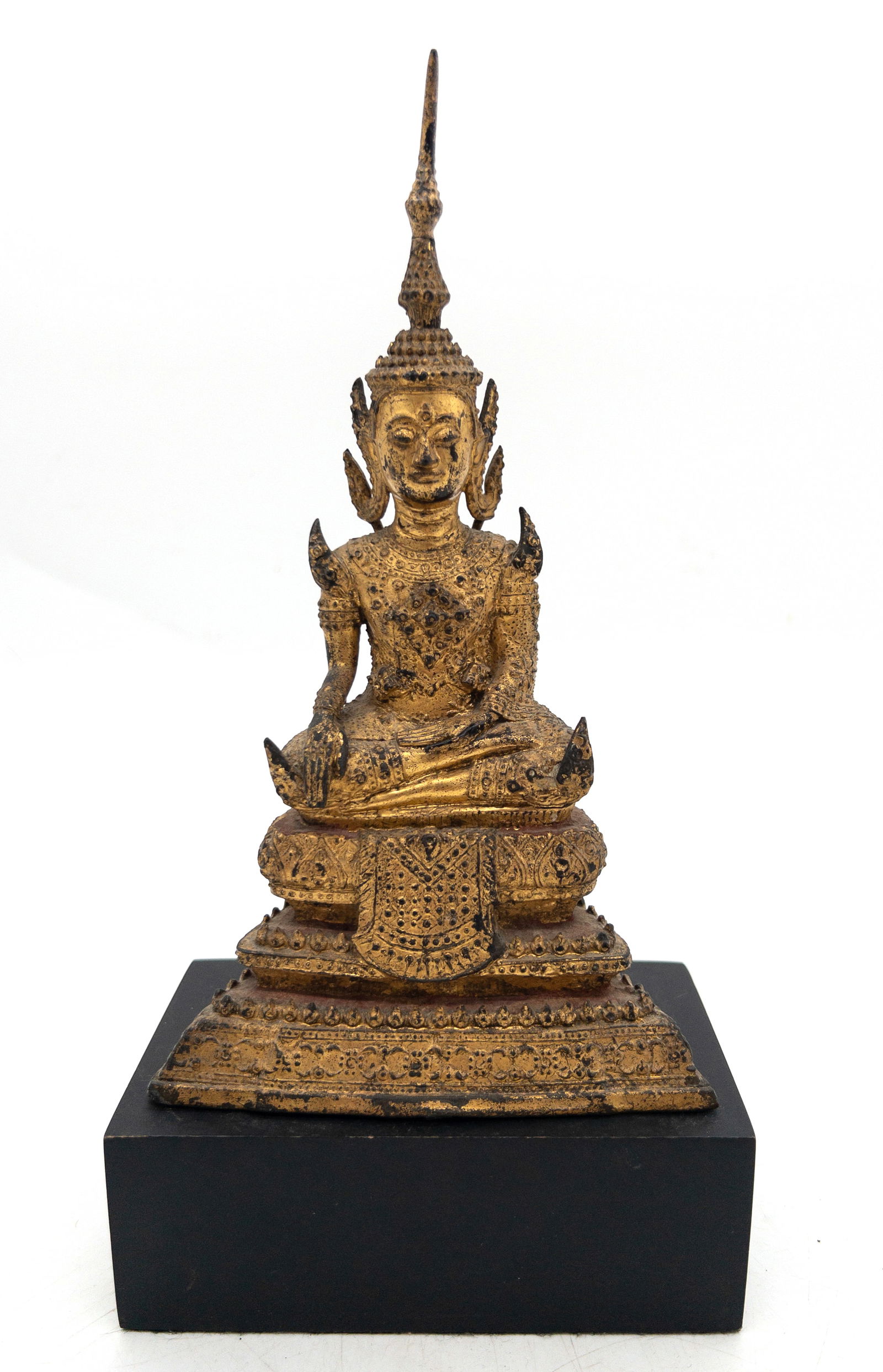 Thai Gilt Bronze Buddha Rattanakosin Period: Thai Gilt Bronze Buddha Rattanakosin Period. Buddha alone measures appx 8 1/2" tall, 10 3/4" on stand. Minor wear from age and use.