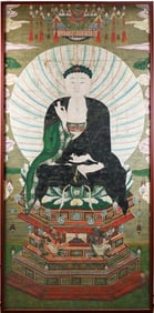 17th/18th C. Korean Hand Painted Buddha On Lotus Throne