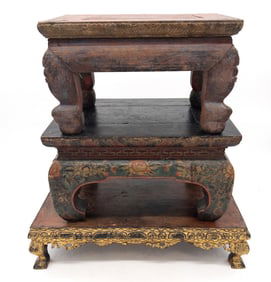 Set of 3 Gilt & Painted Wood Carved Thai Low Tables
