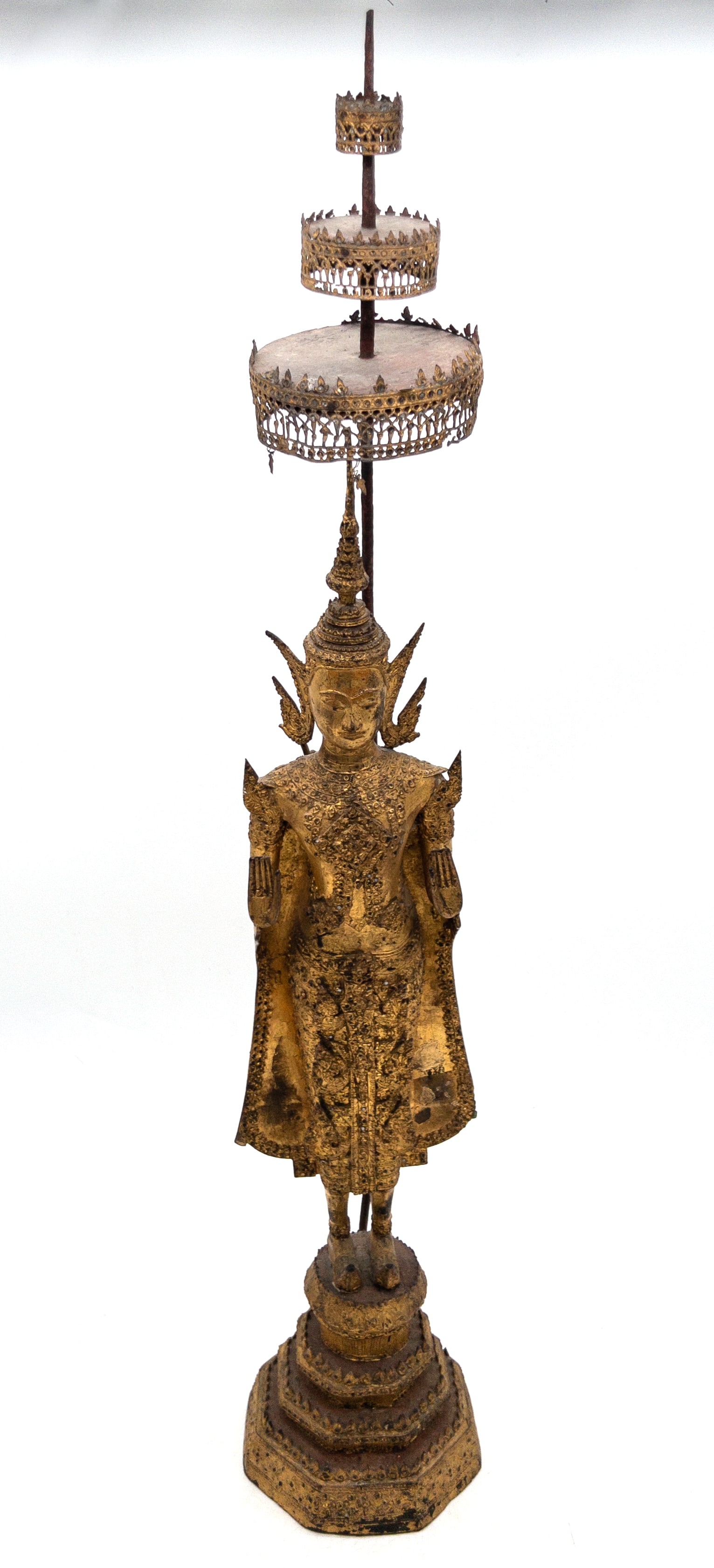 Thai Gilt Bronze Standing Crowned Buddha with Umbrella (1 of 8)