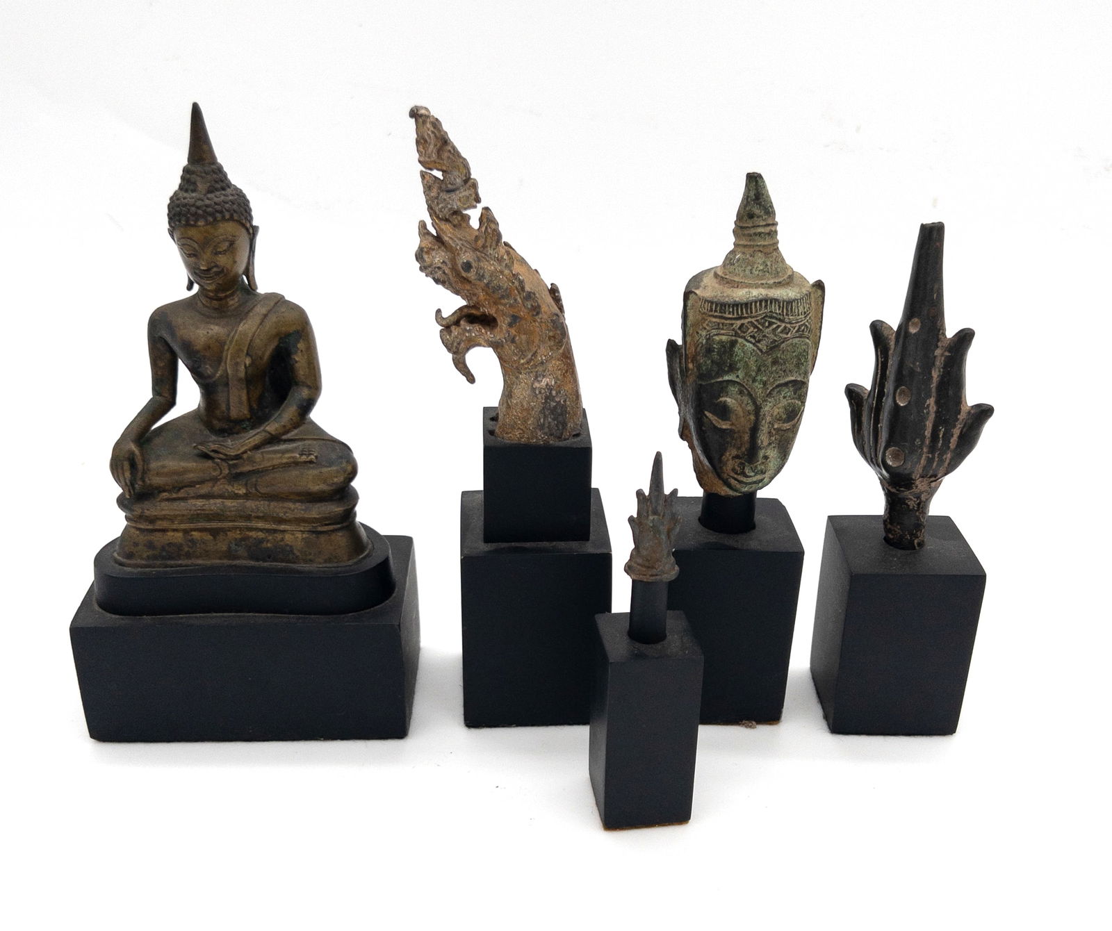 Lot of 5 Thai Bronze Buddha, Bust, and Flame Tops on Stands (1 of 5)