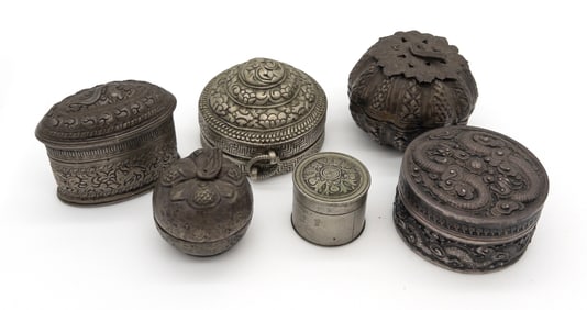 Lot of 6 Small Betel Nut Silvered Lidded Containers