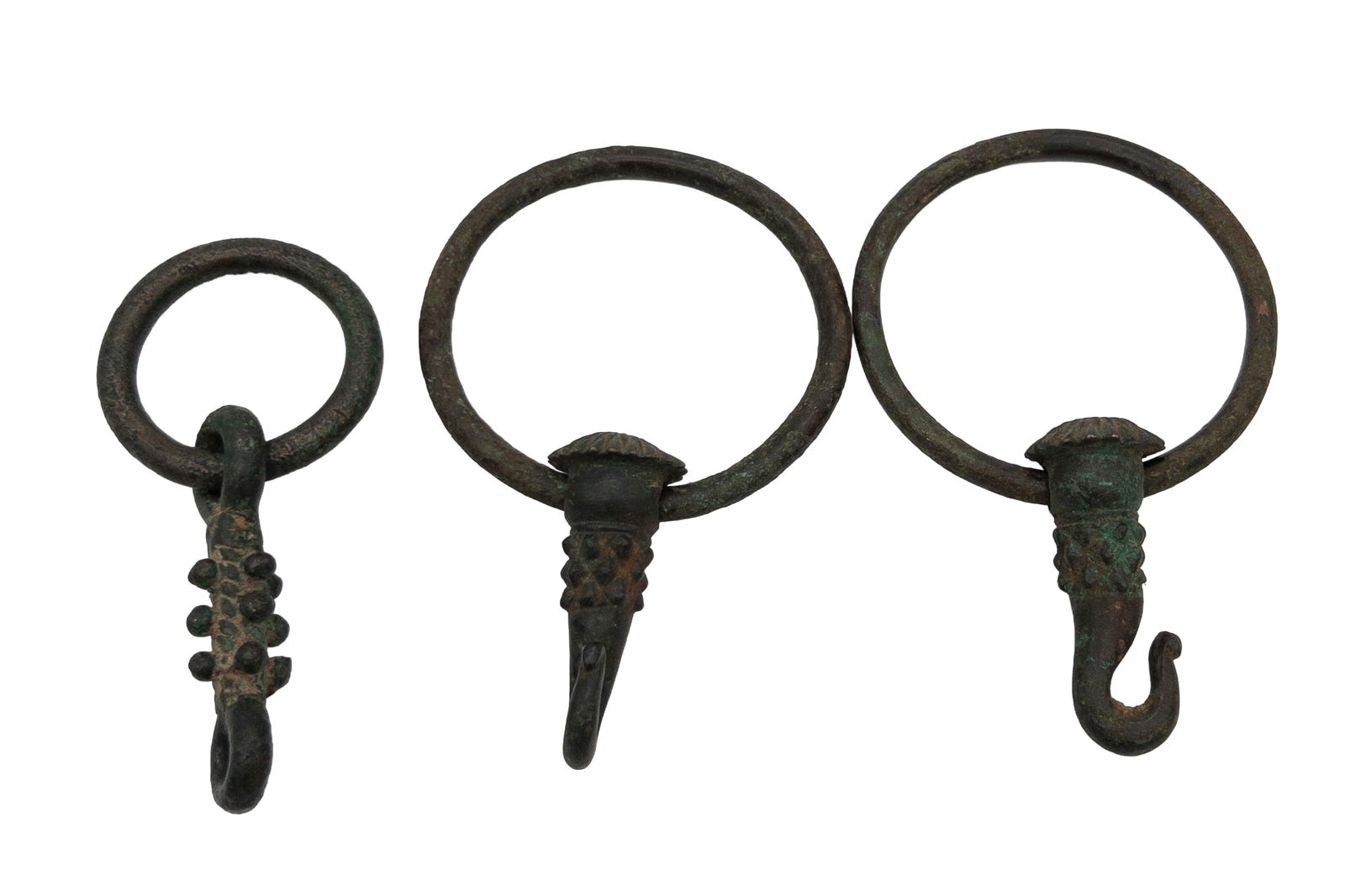 Lot of 3 Ancient Bronze Khmer Cambodia Hooks for Palanquin: Lot of 3 Ancient Bronze Khmer Cambodia Hooks for Palanquin. Largest measure appx 5" long. Largest ring appx 3 1/2" in diameter.