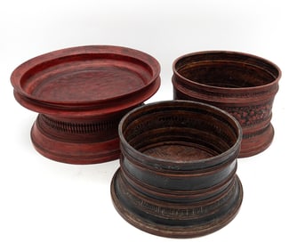 Lot of 3 Burmese Red Lacquer Basketwork Trays