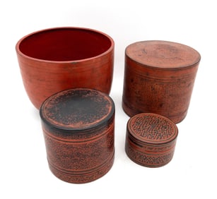 Lot of 4 Burmese Red Lacquer Covered Boxes and Bowls
